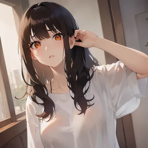 looking up, wearing an oversized mens shirt. The shirt is too large for her, giving a baggy and loose appearance. upper body, (pale skin: 1.2), shiny skin, shiny hair、(A 25-year-old woman with medium-length hair and bangs) and (wavy hair) and (brown hair) ...