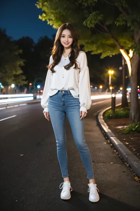 A woman wearing a long-sleeved blouse、Are standing、Full body photo、Light brown hair、smile、Ear piercing、Skinny jeans、sneakers、Background is a park at night
