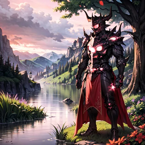 monster, black armor, helmet with horns, red glowing, blue sky, bracelet, bush, coral, day, fish, forest, grass, jewelry, lake, ...