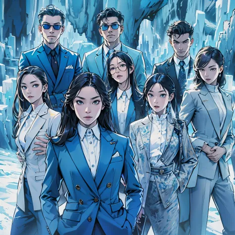 MBTI executive image、Several women and men wearing blue suits。Place the executive female in the middle。Intimidating aura。Stylish and cool、Pose like a fashion model。The background has an ice world feel to it.。