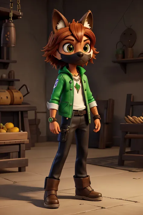 Skinned: Brown with freckles Hair: plates that hit the middle of the back.
eyeballs: green clothes: white blouse,leather jacket over, black pants with pockets and a chain, We have boots also in black Accessories: Has a black kitsune mask, and has a fox-sha...