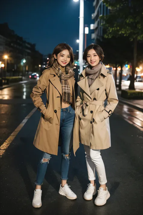 Two women in trench coats with scarves around her neck、Full body photo、Standing woman、Long sleeve blouse、Skinny jeans、sneakers、Light brown hair、Short Haircut、smile、Ear piercing、Background is a park at night