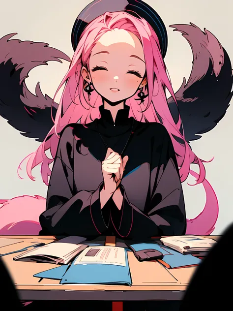 solo, looking at viewer,big forehead,upperbody,Pink Hair，Black clothes，White Background，Front right，Surprised expression closed eyes smile，head band，Double Tail,Study at the table,praise,Chill,Private room，wallpaper，Wide Format