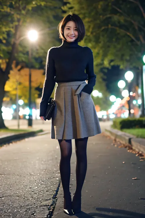 Wearing a knitted sweater, Long trench coat 、Knee-length skirt、tights、Pumps Full body photo,Short Haircut、smile、Background is a park at night