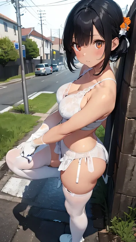 Highest quality、Realistic、woman、zoom、Orange eyes、Very short black hair、White Lingerie、thin、Large Breasts、Sunburn。Dark Skin、、White long gloves、White long boots