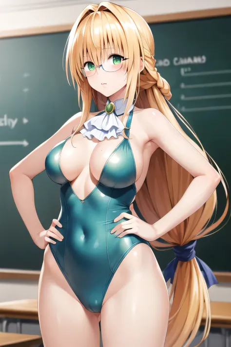 masterpiece, Highest quality, High resolution, Atearge, Very long hair, Long hair tied low, Hair Ribbon, Green Eyes, Glasses, Large Breasts, White Ascot, Golden swimsuit, Place your hands on your hips, Are standing, Cowboy Shot, classroom, blackboard,