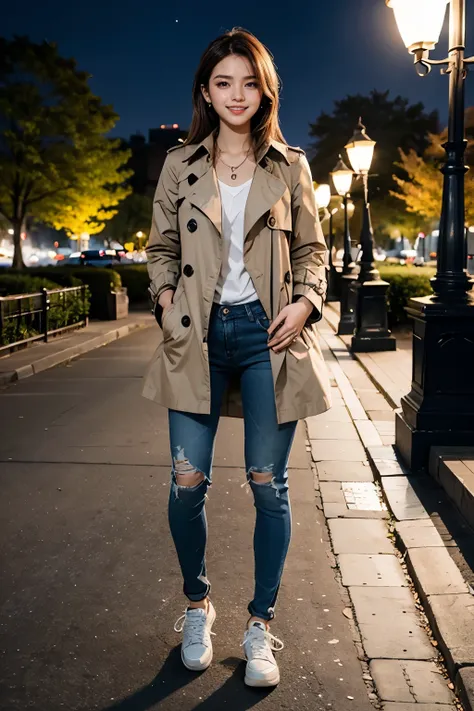 highest quality、Full body photo、Woman wearing a trench coat、Skinny jeans、sneakers、smile、Light brown hair、Ear piercing、Background is a park at night