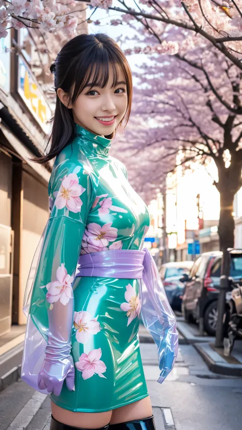 (Tabletop:1.0), (highest quality:1.4), (High resolution:1.2), (Realistic:1.4), (8k, RAW Photos:1.2), (Soft Focus:1.4),(close up),break,a girl walking and wearing eroded slime colorful KIMONO,Smiling while taking a photo........................................