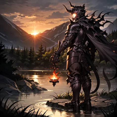 monster, black armor, helmet with horns, red glowing, night sky, bracelet, bush, coral, night moon,, fish, forest, grass, jewelry, lake, mountain, nature, outdoors, overgrown, palm tree, plant, river, rock, scenery, sky, solo, tree, vines, watch, water, wa...