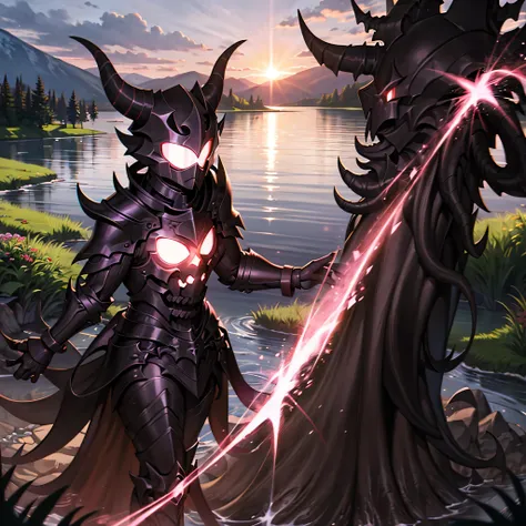 monster, black armor, helmet with horns, red glowing, blue sky, bracelet, bush, coral, day, fish, forest, grass, jewelry, lake, ...