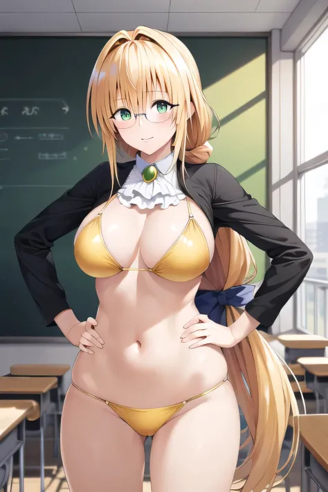 masterpiece, Highest quality, High resolution, Atearge, Very long hair, Long hair tied low, Hair Ribbon, Green Eyes, Glasses, Large Breasts, White Ascot, Golden Bikini, Place your hands on your hips, Are standing, Cowboy Shot, classroom, blackboard,