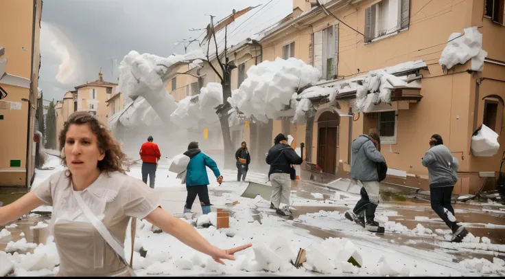 whoa, dramatic image, giant hailstorm destroys trees, cars and houses on a street in Turin in Italy.  end of world.