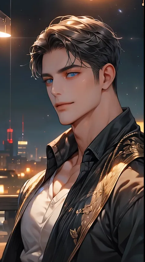 (best quality,4k,8k,highres,masterpiece:1.2),ultra-detailed,(realistic,photorealistic,photo-realistic:1.37),1 man,31 years old,mature man,very handsome,without expression,smile,short grey black hair,blue eyes,penetrating gaze,perfect face without errors,im...