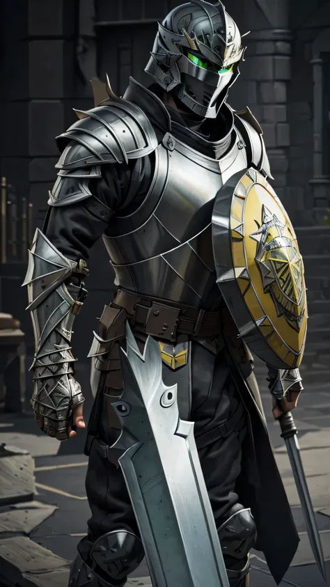 thin warrior, male, dark gray (helmet) covers face, dark gray (armor), plates, yellow patterns, (ax), (big shield), (masterpiece...