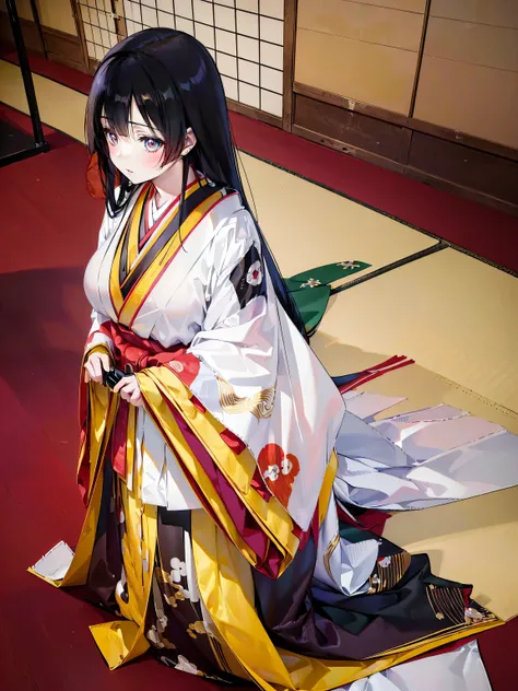 (solo japanese girl:1.3), (Straight long hair, Shiny and glossy black hair:1.3), Karaginu jacket, Long hakama, The cuffs and chest of the five-piece garment, Wearing Imperial Kimono, Imperial Patterns, (huge breasts), (from front), (cowboy shot), (leaning ...