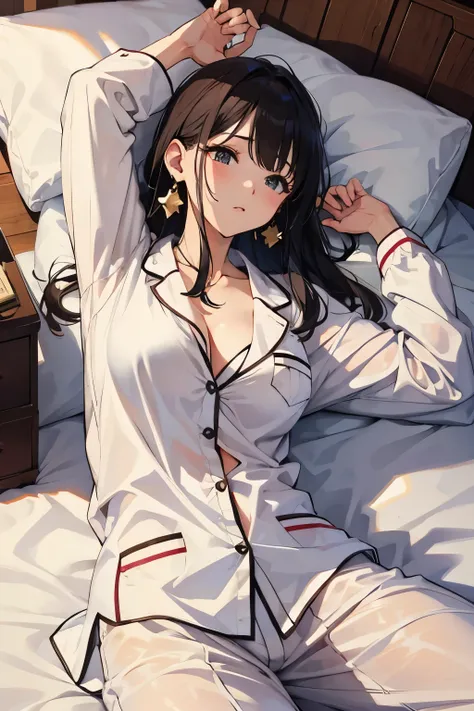 masterpiece, Highest quality, kinue, Earrings, White pajamas, Pajama pants, Sleep, bed, lying in bed、I can see her cleavage、Adorable expression