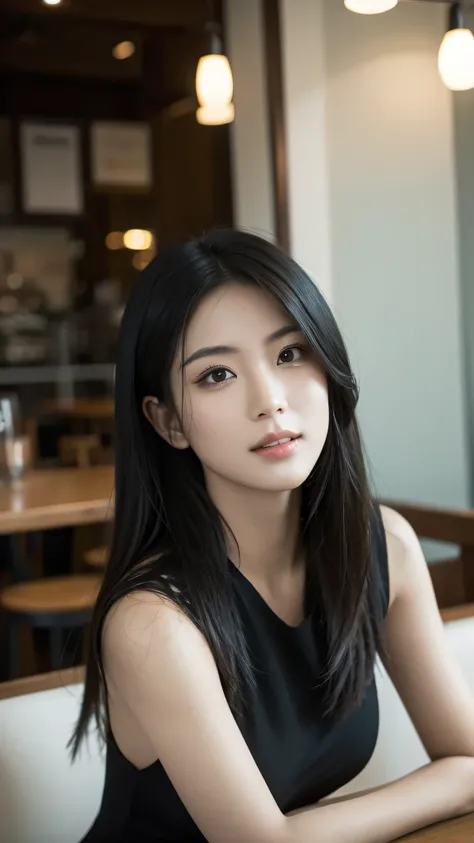 A asiatique woman with black hair sitting in a cafe, ultra realistic, distant view, detailed cafe interior, warm lighting, atmospheric, cinematic, photorealistic, 8K, highly detailed, intricate textures, natural shadows, reflections, focus on the womans fa...