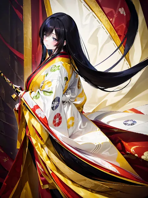 (solo japanese girl:1.3), (Straight long hair, Shiny and glossy black hair:1.3), Karaginu jacket, Long hakama, The cuffs and chest of the five-piece garment, Wearing Imperial Kimono, Imperial Patterns, (huge breasts), (from front), (cowboy shot), (leaning ...