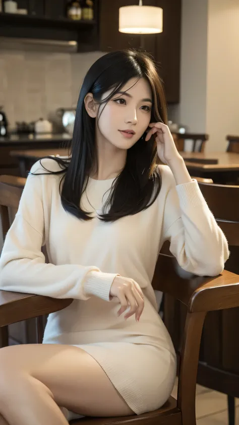 A ultra realistic asiatique woman with black hair sitting in a cafe, ultra realistic, distant view, detailed cafe interior, warm lighting, atmospheric, cinematic, photorealistic, 8K, highly detailed, intricate textures, natural shadows, reflections, focus ...