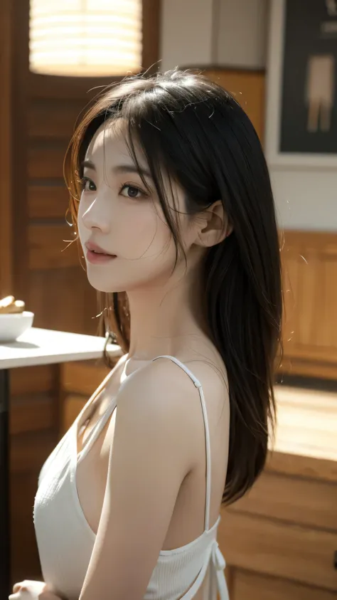 A ultra realistic asiatique woman with black in a sport tenue running, ultra realistic, distant view, detailed cafe interior, warm lighting, atmospheric, cinematic, photorealistic, 8K, highly detailed, intricate textures, natural shadows, reflections, focu...