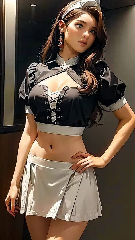 One girl, Cute Face,Pretty face, Amazing beauty, Cute Maid Dresses , ((Ultra high definition 1.9)),((Ultra High Resolution 1.9)),((Super high quality 1.9)),(masterpiece)), (Perfect lighting), (Small tits 1.9)), deep neckline Sexy belly button , Sexy appear...