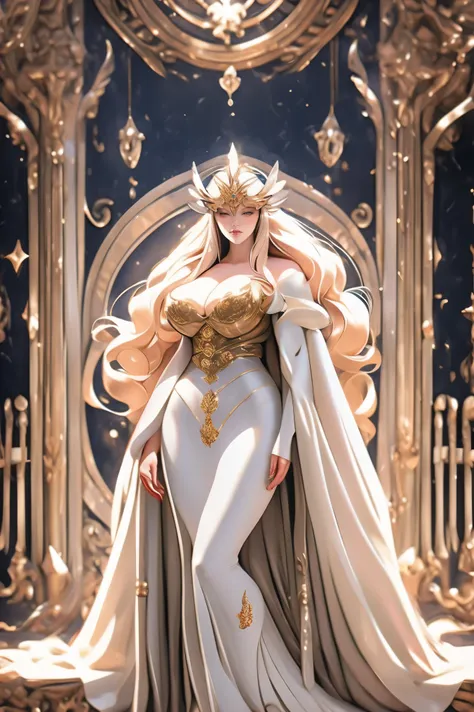 Angewomon，1girll，Beautiful body, huge breast curvy, thicc, full body,woman-medieval-clothes, long skirt, robe, long dress, pullover