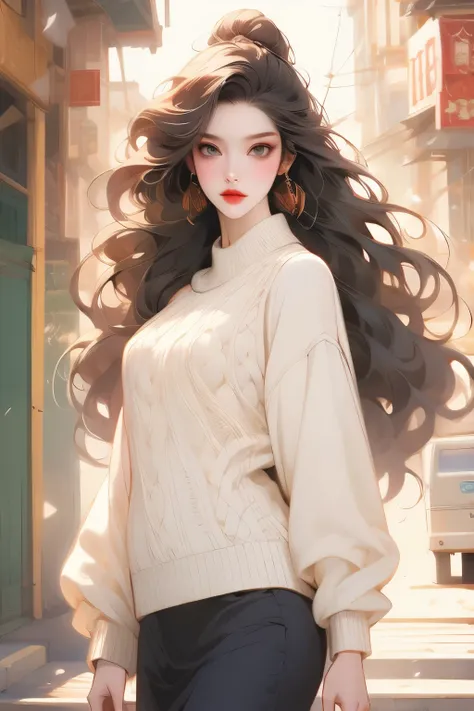 (masterpiece, best quality:1.2), 1girl, solo,mature_lady,black long hair, sweater,in street