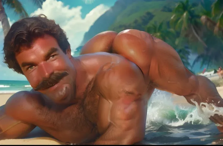 old man, muscle male, on a beach, sunny day, lens flare, big waves behind him, naked, lying on belly, ass up, dreamy smile big bulging crotch, graying hair, smiling, mustache, 