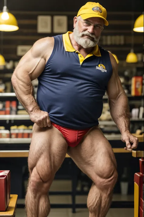 mature old man, grandpa, virile, tough, sturdy, plump, bulging muscles, massive feet, (hairy), pale skin, full body portrait, intricate details, visible feet, (red micro thong lingerie), cashier uniform, polo shirt, yellow cap, smirk