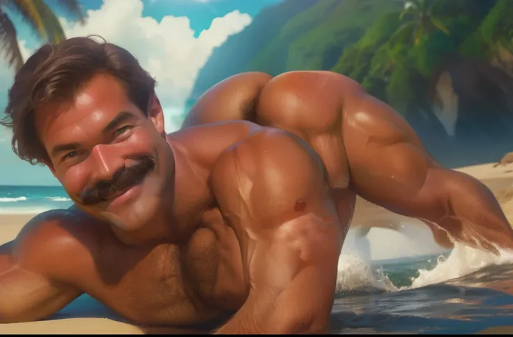 old man, muscle male, on a beach, sunny day, lens flare, big waves behind him, naked, lying on belly, ass up, dreamy smile big bulging crotch, graying hair, smiling, mustache, 