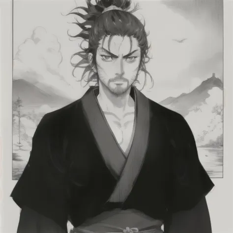 miyamoto musashi,kimono,scar,by the wide,barba,,manga,in black and white,looking to the camera,elegant,charismatic  (:0.8)