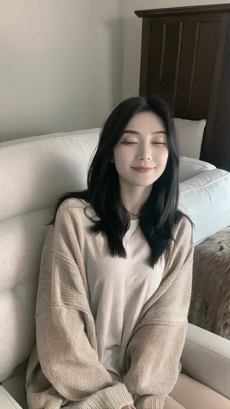 A beautiful young Asian woman with long black hair, sitting on a cozy sofa with a soft blanket draped over her, eyes gently closed, ultra-realistic detailed facial features, photorealistic look, real-world environment background, detailled face, eyes, best...