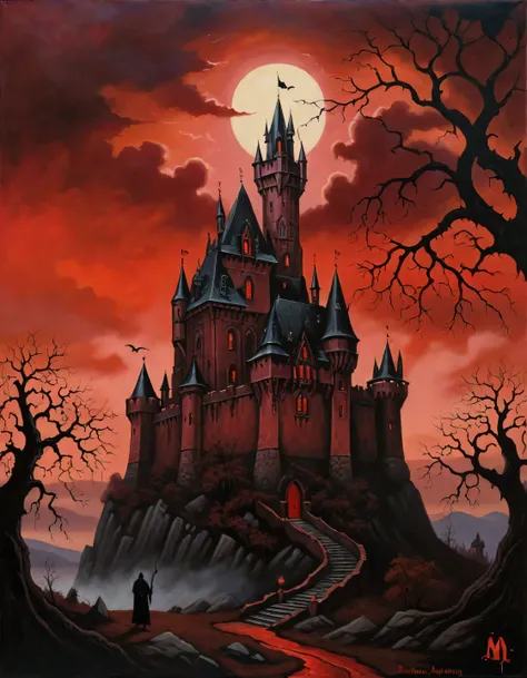 painting of a castle in a red sky with a tree, an acrylic painting inspired by Mike Mignola, cg society contest winner, gothic art, blood temple, gothic painting, red eerie sky, gothic atmosphere, the munster in the background, dark fantasy oil painting, v...