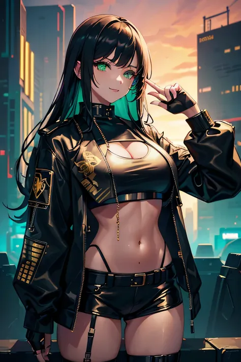 masterpiece, best quality, detailed clothes,1girl, green eyes, black hair, solo, long hair, bangs, large breasts, black and gold clothing, smiling, sexy, zettai ryouiki,revealing clothing,show skin,,(cleavage),((((crop top jacket,cropped jacket,jacket,jack...