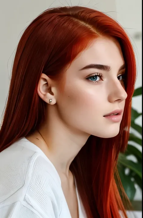 a 20 year old girl with red hairs and brown eyes with sharp jawline 