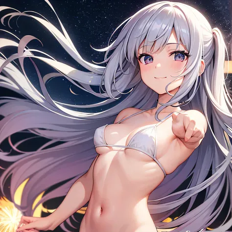 masterpiece, Highest quality, Highly detailed CG Unity 8k wallpaper, High School Girl Anime Illustration. Please wear a small bikini., Open your arms, Her eyes and mouth are open, smile. Silver Hair, black eye, twins, Bokeh Photo, (Soft Focus):1.2, Out of ...