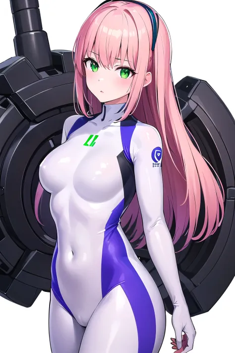 1girl,Samus aran,solo,green eyes, pink hair,white zero suit,white body suit,purple stripes,cowboy shot,blush,,Science fiction,ultra-detailed,sharp focus,aesthetic,(best quality), white background