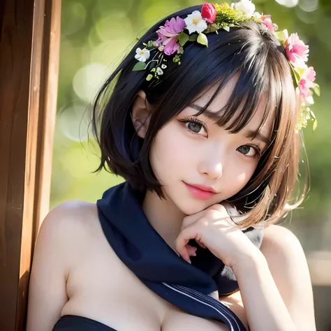 trip (Slim shoulder strap only, Ultra low cut tops)( Very close view ) Face view , See-through clothing (((Outdoor Paradise))))，Flower head ornament, Petals flying in the sky ，With a slightly pouty face，Her back exposes her bare buttocks，The transformation...