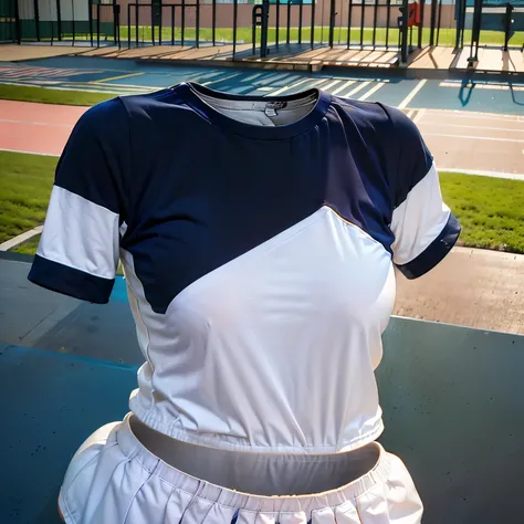 high school girl、(((White short-sleeved T-shirt on the upper body)))、((Long white gym clothes))、(((Very tight bloomerid rise bloomers)))、(((Navy Bloomers)))、(((Tuck the bottom of your gym clothes into your bloomers)))、Big Breasts、(((Schoolyard)))