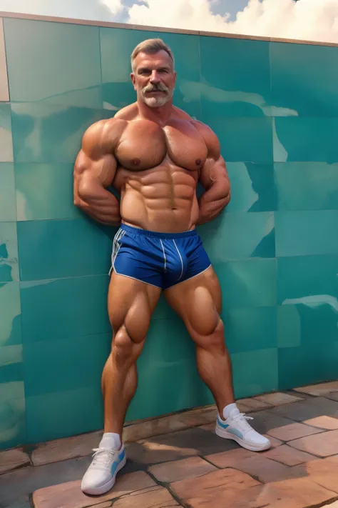 old man, muscle male, on a beach, sunny day, big wall of water behind him ,aquarium wall behind him with colorful fishes, wearing  white sneakers, wearing blue short shorts, nice bulge, nicebulge, legs open, soft smile, graying hair, mustache, 