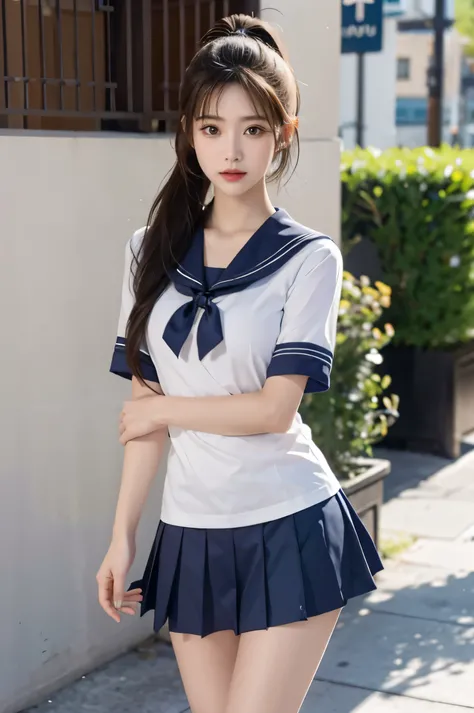 (Ultra HD), (Short-sleeved sailor uniform, Navy blue mini skirt), Big Breasts, slender, Narrow waist, whole body, Standing posture, (Clean and shiny skin, Whitening, No makeup), (Super slim face, Super beautiful face), (Light Brown Ponytail, Layered Cut, F...