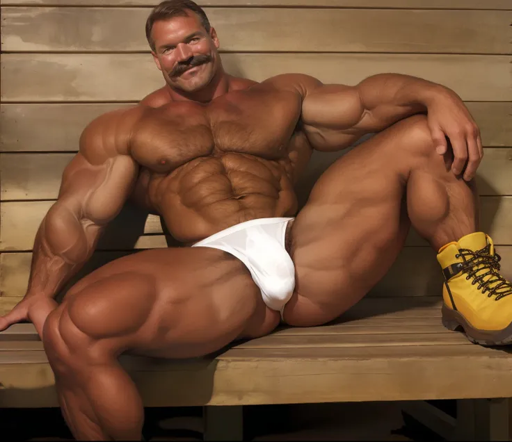 old man, muscle male, on a beach, sunny day, sitting on a bench, legsnopen, wearing hiking boots, wearing a white thong, nice bulge, nicebulge, legs open, soft smile, graying hair, mustache, 