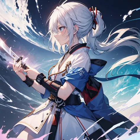 One woman((Calm expression,concentrated)) background((burn,blue)),Hold the sword,Parallel to the ground White hair,ショートボブ blue目,Super Shiny Japanese Style,Anime The Wind Blows,Ahead ((profile,Extreme close-up)) Eye patch,Katame Samurai