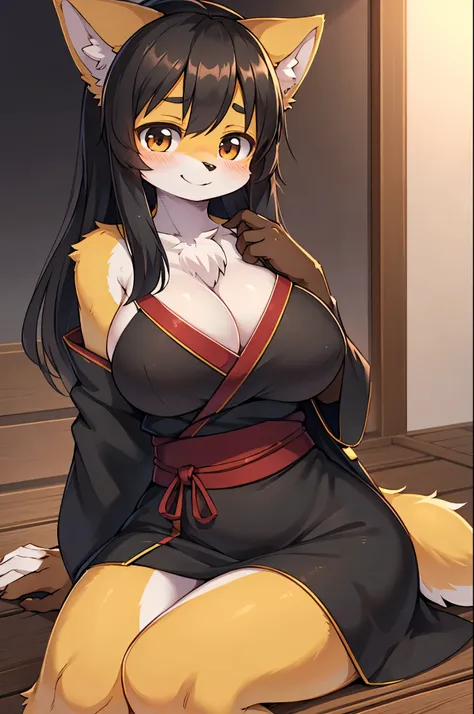 score 8 up, score 7 up, score 6, source furry, source anime, ((furry, kemono, anthro)), 1girl,long black hair,big breasts,light smile,yukata,black clothing,sitting,wariza,