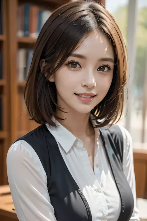 Beautiful lawyer、(alone, 40 years old、Ultra detailed face、Detailed lips、Detailed eyes、double eyelid、Brunette bob hair, Black blazer、White dress shirt、Tight micro mini skirt)、Reading at a desk、at the library、Huge 、Perfect hands, Perfect Fingers, Perfect bre...