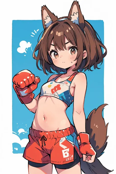 (boxing:1.3)、Teenage Girls、Young、、belly button、stomach、cool、Shorts、Serious expression、(Closed Mouth:1.1)、Brown Hair、Animal Ears、Tail of the beast、(whole body:1.2)