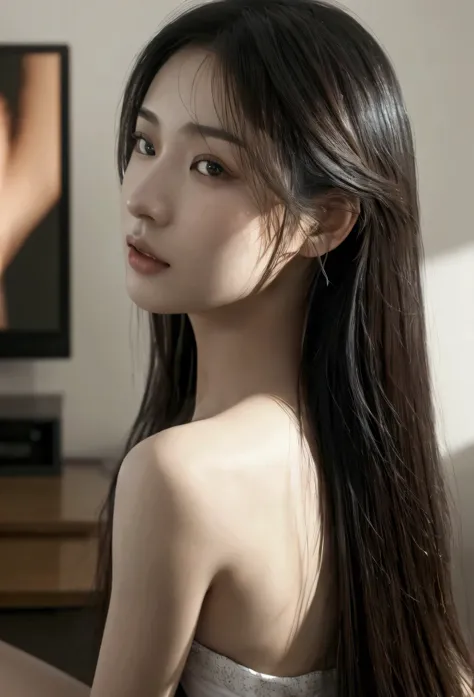 a beautiful asian girl watching the tv, camera view from behind seeing the tv, extremely detailed eyes and face, beautiful detai...