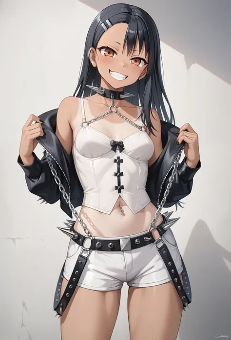 score_9, score_8_up, score_7_up, 1girl, standing, nagatoro hayase, solo, hud_sp1ked, chain, spikes, leather, skirt, corset, anime, hair clip, grin smile, tan, dark-skinned female, hadegalchainbelt, large o-rings, chain-belt, black cropped jacket, light gre...