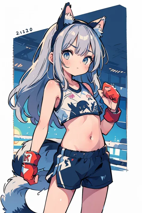 (boxing:1.3)、Teenage Girls、Young、、belly button、stomach、cool、Shorts、Serious expression、(Closed Mouth:1.1)、Silver Hair、Animal Ears、Tail of the beast