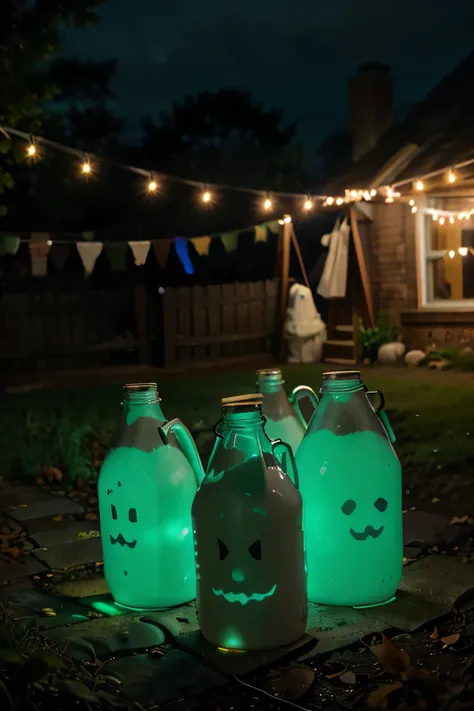 Empty milk jugs with ghost faces drawn on them, filled with string lights, glowing softly in a dimly lit yard. The jugs are lined up along a pathway, creating a haunting glow.